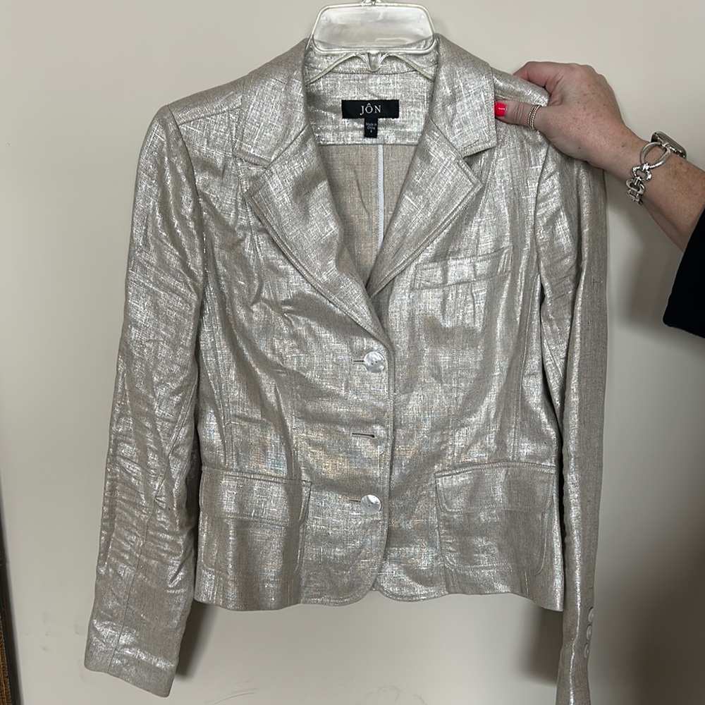Jon Metallic Silver Linen Women's Blazer Jacket